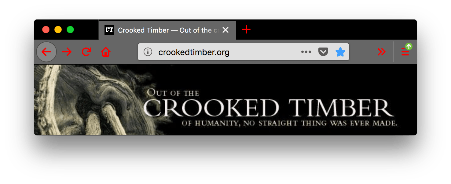 Die Firefox-Benutzeroberfläche ist schwarz. Die Tabs und die URL-Leiste sind grau mit weißem Text. Die URL-Leiste und das 'Neuen Tab öffnen' Icon sind rot. Die roten Icons kontrastieren gut mit der schwarzen Hintergrundfarbe des Headers.