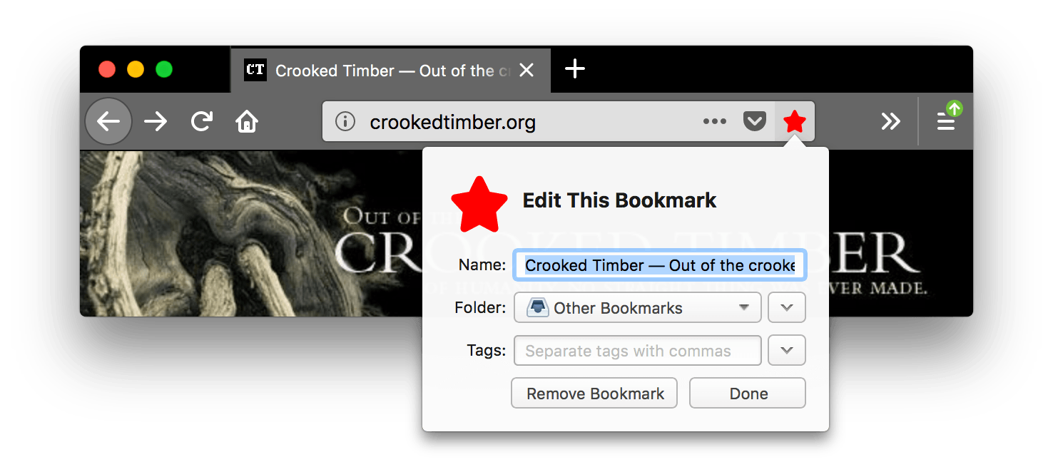 Die Firefox-Benutzeroberfläche ist schwarz. Die Tabs und die URL-Leiste sind grau mit weißem Text. Das 'Diese Seite als Lesezeichen speichern' Symbol ist rot und gedrückt, ein offenes Popup mit dem Namen 'Dieses Lesezeichen bearbeiten' wird angezeigt. Während sich das Symbol im Aufmerksamkeitszustand befindet, kontrastieren die Symbolleistensymbole gut mit dem schwarzen Hintergrund des Headers.
