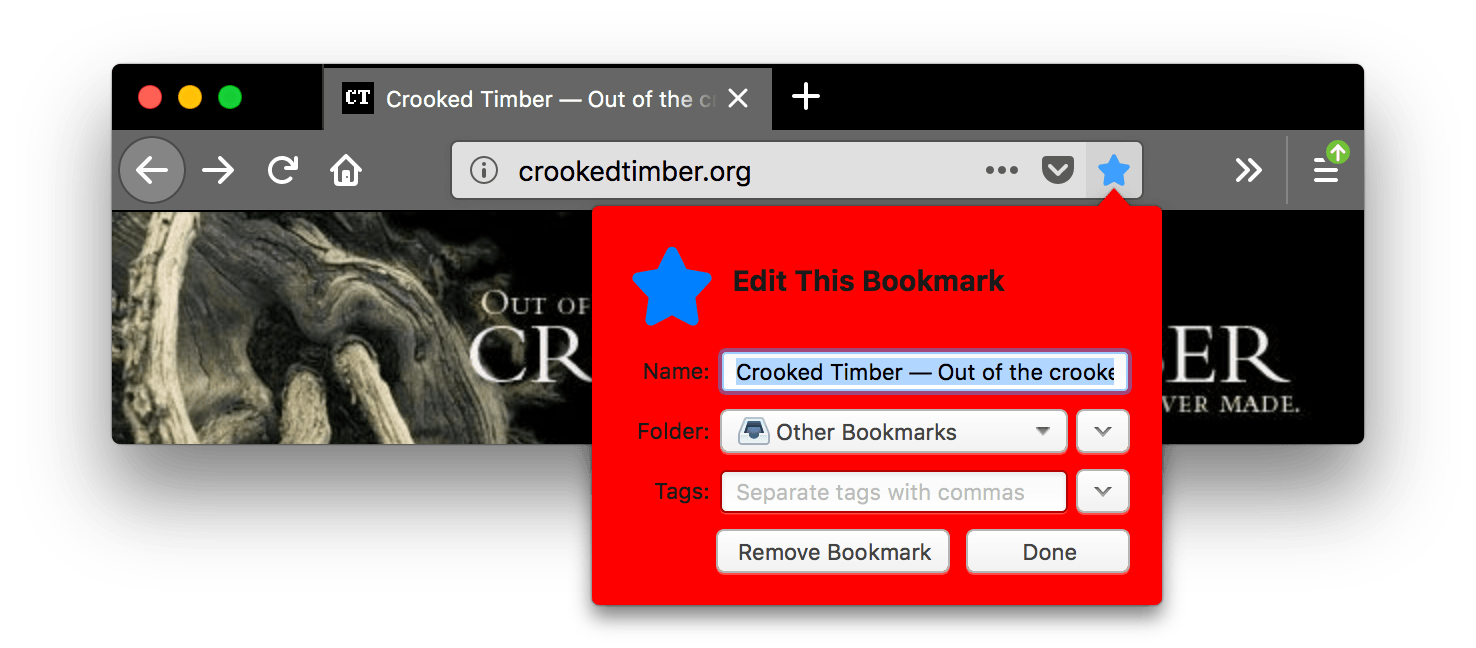 Die Firefox-Benutzeroberfläche ist schwarz. Die Tabs und die URL-Leiste sind heller grau mit weißen Symbolen und Text. Das 'Diese Seite als Lesezeichen speichern' Symbol ist blau und gedrückt, ein offenes Popup mit dem Namen 'Dieses Lesezeichen bearbeiten' wird angezeigt, mit rotem Hintergrund. Die Hintergrundfarbe des Popups ist rot.