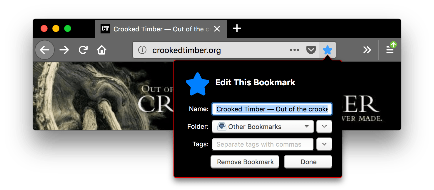 Die Firefox-Benutzeroberfläche ist schwarz. Die Tabs und die URL-Leiste sind heller grau mit weißen Symbolen und Text. Das 'Diese Seite als Lesezeichen speichern' Symbol ist blau und gedrückt, ein offenes Popup mit dem Namen 'Dieses Lesezeichen bearbeiten' wird angezeigt, mit rotem Rand und schwarzem Hintergrund. Der Rand des Popups ist rot.