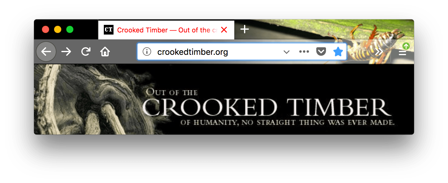 Die Firefox-Benutzeroberfläche hat ein Bild eines Insekten-Themas. Die URL-Leiste ist heller grau mit weißen Symbolen. Der ausgewählte Tab-Text ist rot mit weißem Hintergrund.