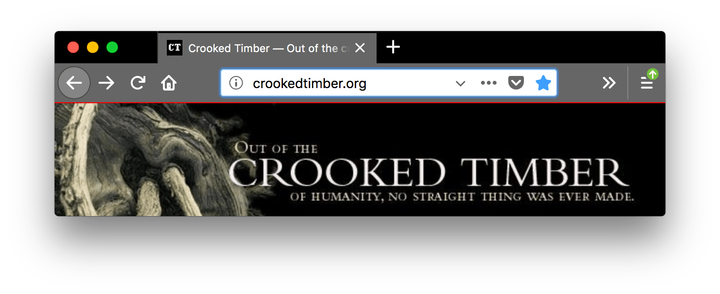 Die Firefox-Benutzeroberfläche ist schwarz. Die Tabs und die URL-Leiste sind heller grau mit weißen Text- und Symbolleisten. Eine horizontale rote Linie trennt die Unterseite der Toolbar vom Anfang der Anzeige der Webseite.