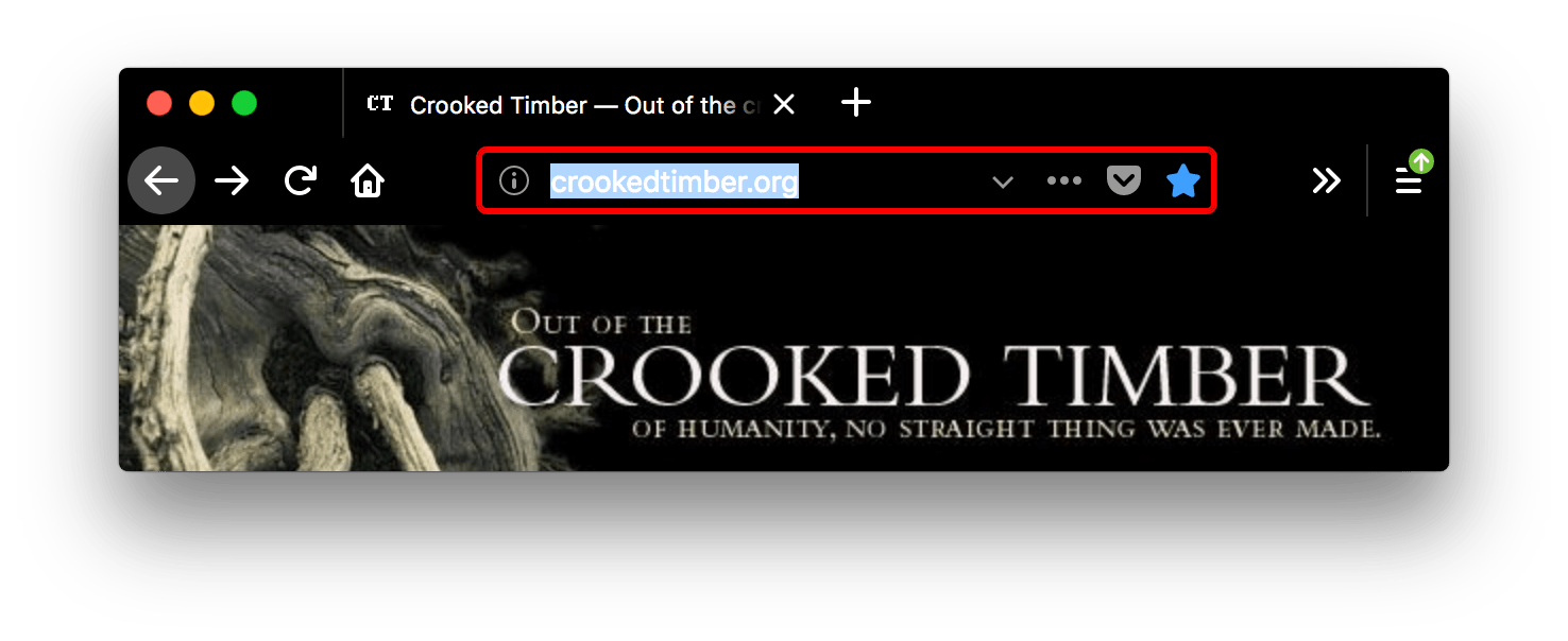 Die Firefox-Benutzeroberfläche ist schwarz. Die Tabs und die URL-Leiste sind schwarz mit weißem Text und weißen Symbolleisten. Das URL-Feld ist fokussiert und hat einen roten Rahmen.