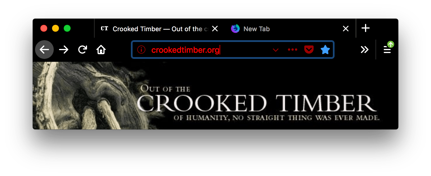 Ein Screenshot eines Browserfensters mit zwei geöffneten Tabs. Der Browser ist schwarz. Die Tabs und die URL-Leiste sind schwarz mit weißem Text und weißen Symbolleisten. Die URL-Leiste hat Fokus; der Text und die Symbole der Leiste sind rot mit schwarzem Hintergrund.