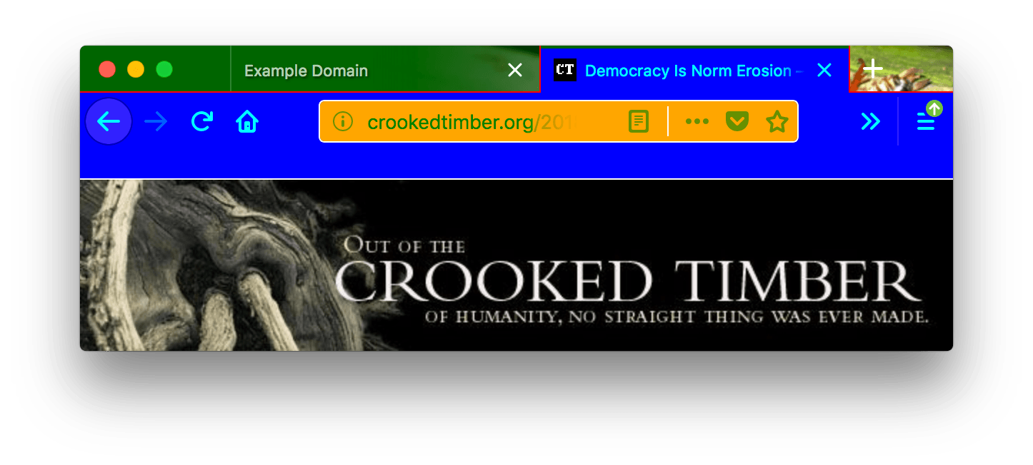 Ein Browserfenster mit zwei geöffneten Tabs und dunkelgrüner Hintergrundfarbe im Header-Bereich. Der inaktive Tab hat eine weiße Textfarbe. Der aktive Tab und die Toolbar haben eine blaue Hintergrundfarbe mit cyanfarbener Textfarbe. Die URL-Leiste hat einen orangefarbenen Hintergrund mit weißen Rändern, einer grünen Textfarbe und einer weißen vertikalen Trennlinie. Eine rote Linie wird verwendet, um die Tabs oben zu trennen, und eine weiße Linie, um die Tabs vom darunter liegenden Inhalt zu trennen.