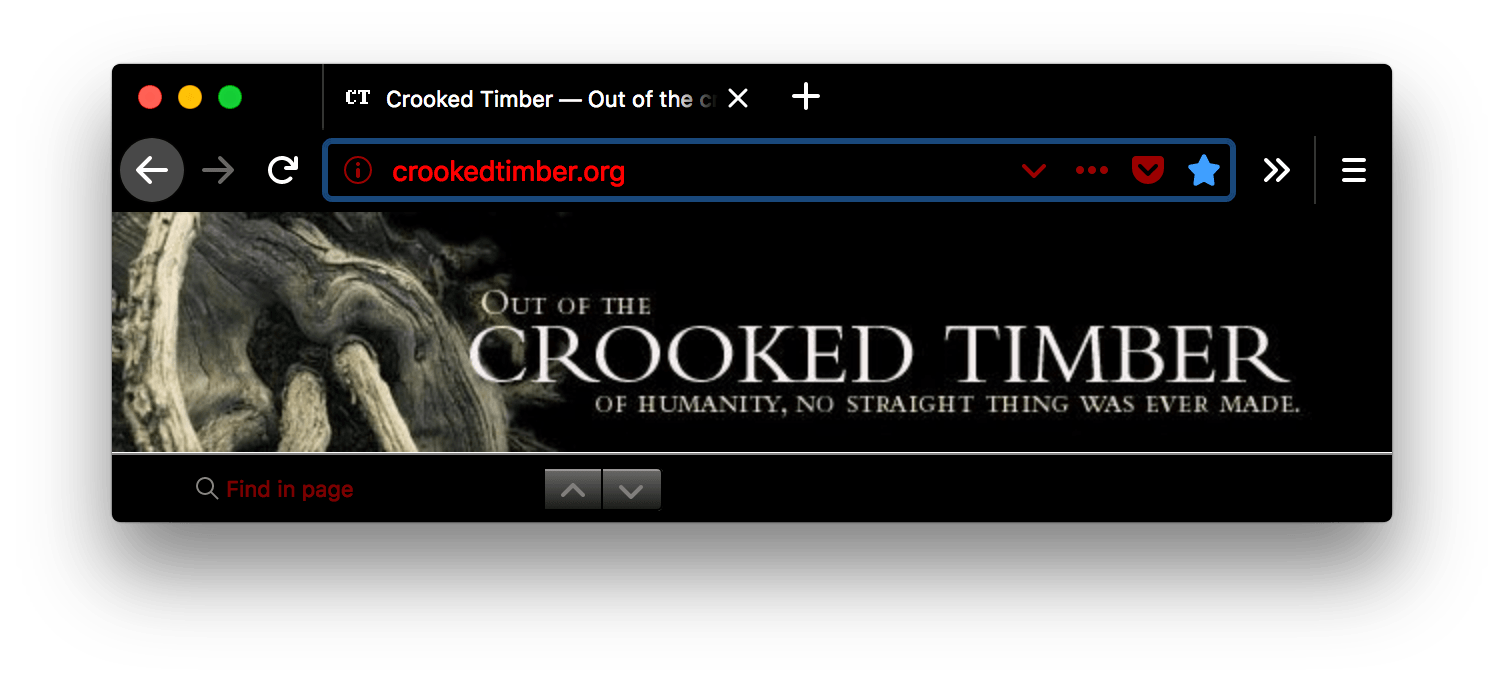 Ein Screenshot eines Browserfensters mit einem geöffneten Tab. Der Browser ist schwarz. Die Tabs und die URL-Leiste sind schwarz mit weißem Text und weißen Symbolleisten. Der Text im URL-Feld ist rot. Die Symbole und das Suchfeld haben roten Text mit schwarzem Hintergrund.