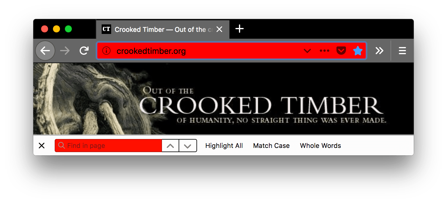 Die Firefox-Benutzeroberfläche ist schwarz. Die Tabs, die Suchleiste und die URL-Leiste sind heller grau mit weißen Text- und Symbolleisten. Die Hintergrundfarbe des URL-Feldes ist rot. Die Suchleiste ist weiß mit schwarzem Text. Das Suchfeld hat einen roten Hintergrund mit schwarzem Text.