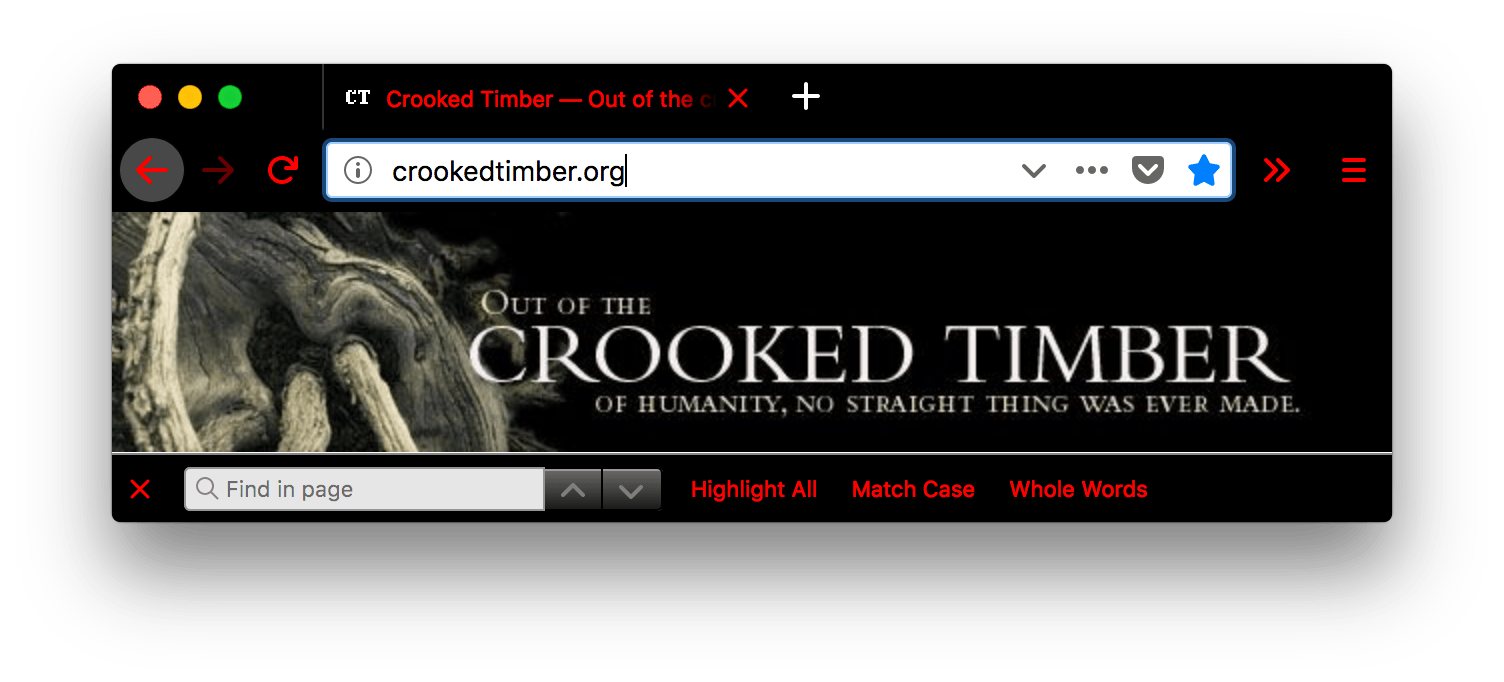 Ein Screenshot eines Browserfensters mit einem geöffneten Tab. Der Browser ist schwarz. Die Tabs, die Suchleiste und die URL-Leiste sind schwarz mit rotem Text und roten Symbolleisten. Der Text im aktiven Tab, in der Navigationsleiste und in der Suchleiste ist rot.
