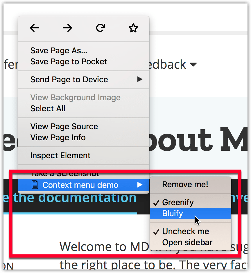 Beispiel für durch eine WebExtension hinzugefügte Menüeinträge, aus dem Beispiel context-menu-demo