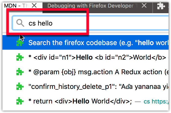 Beispiel, das das Ergebnis der Anpassung der Adressleiste-Vorschläge durch die Firefox-Code-Suche WebExtension zeigt.