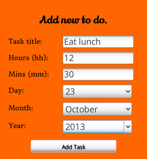 Das Formular der To-do-App, das Felder zum Ausfüllen eines Aufgabentitels und Werte für Minute, Stunde, Tag, Monat und Jahr für die Frist enthält.