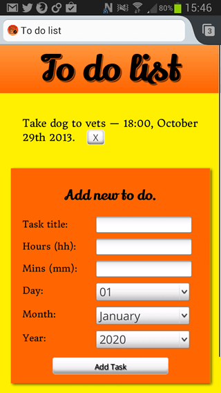 Ein Screenshot der Beispiel-App. Ein roter Haupttitel mit der Aufschrift To-do-App, ein Test-To-do-Element und ein rotes Formular, damit Benutzer neue Aufgaben eingeben können