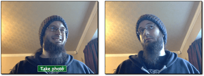 getUserMedia-basierte Bilderfassungs-Anwendung – links sehen wir einen Videostream von einer Webcam und einen Fotoaufnahme-Button, rechts sehen wir das Standbild-Ausgabeergebnis der Fotoaufnahme