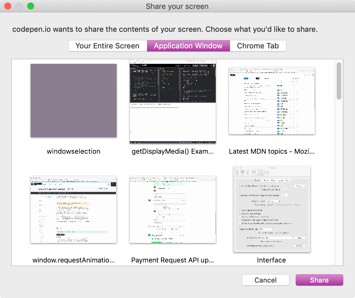 Screenshot von Chromes Fenster zur Auswahl einer Quelloberfläche