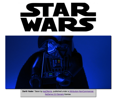 Die Wörter Star Wars gefolgt von einem Bild einer Lego-Version der Darth Vader-Figur