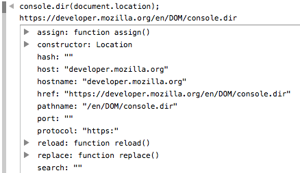 Ein Screenshot der Firefox-Konsole, in dem console.dir(document.location) ausgeführt wird. Wir sehen die URL der Seite, gefolgt von einem Block von Eigenschaften. Wenn die Eigenschaft eine Funktion oder ein Objekt ist, wird ein Aufklappdreieck vorangestellt.
