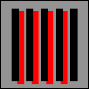 Vergleich der Stabilität der räumlichen Lokalisierung von Gelb vs. Rot. Beide sind in etwa gleichhell mit ihren Hintergründen. Die Fehlausrichtung und der Spalt zwischen den chromatischen Balken und schwarzen Balken ist physisch gleich für Gelb und Rot, aber viel weniger visuell offensichtlich bei Gelb.