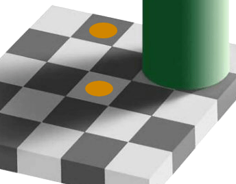 Ein Bild eines Schachbretts, bei dem identische Farben anders erscheinen, wenn sie im Schatten sind