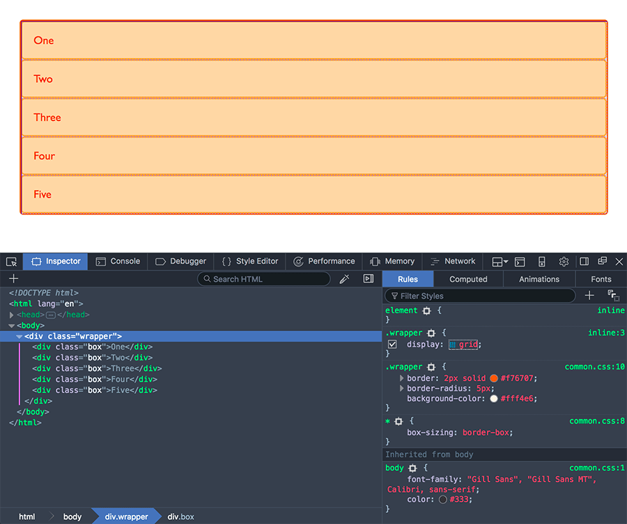 Verwendung des Raster-Hervorhebers in Firefox DevTools, um ein Raster anzuzeigen