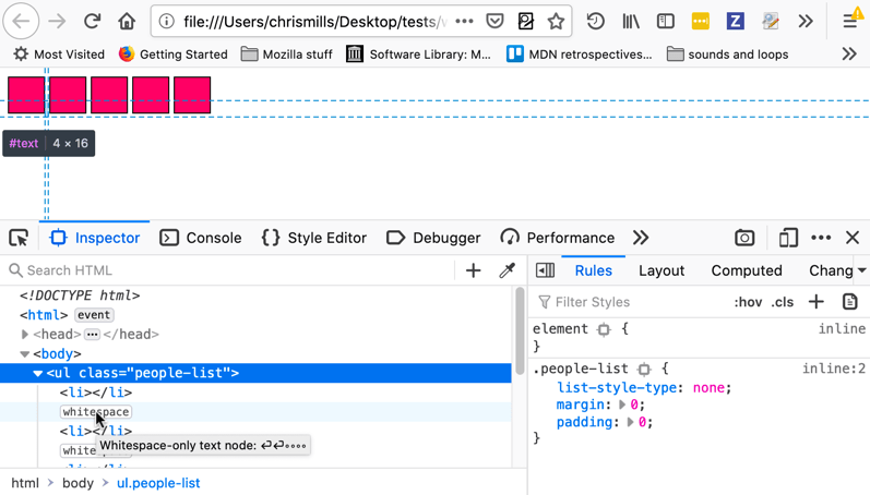 Beispiel für das Anzeigen von Leerzeichen zwischen Blöcken im Firefox DevTools HTML-Inspektor