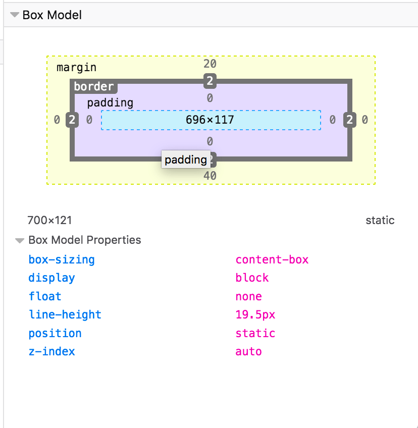 Screenshot des Box-Modell-Panels in den DevTools des Browsers, der die vier Werte für Rand, Umrandung und Abstände sowie Höhe und Breite in einer Grafik oben zeigt und Box-Sizing, Anzeige, Float, Zeilenhöhe, Position und Z-Index unterhalb der Grafik auflistet.