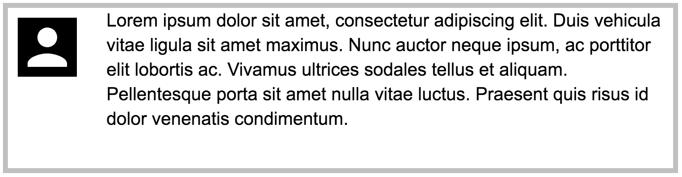 Beispiel eines Medienobjekts mit Profilbild auf der linken Seite und Lorem-Ipsum-Text rechts, der 80% des Platzes einnimmt