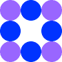 Quadratisches Bild mit acht Kreisen. Die Kreise in jeder Ecke sind hellviolett. Die vier Seitenkreise sind blau. Der Bereich in der Mitte, in dem ein neunter Kreis passen könnte, ist leer.