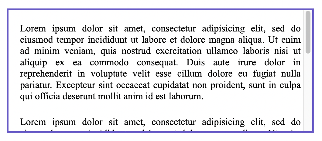 Ein enthaltendes div-Element mit einem Textabsatz darin, einem Platz rechts, wo die Scrollleiste ist, und einem passenden leeren Platz links