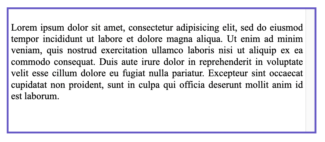 Ein enthaltendes div-Element mit einem Textabsatz darin und einem Platz rechts, wo die Scrollleiste ist