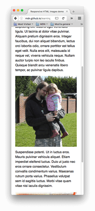 Unsere Beispielseite, wie sie auf einem schmalen Bildschirm mit dem picture-Element verwendet wird, um das erste Bild auf einen Hochformat-Nahaufnahme des Details umzustellen, wodurch es auf einem schmalen Bildschirm viel nützlicher wird.