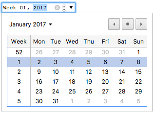 Ein Eingabefeld mit der Aufschrift 'Woche 01, 2017'. Der Hintergrund der 2017 ist gleich dem blauen Fokusrahmen. Es gibt 3 Symbole im Eingabefeld: x bzw. löschen, einen Spinner mit kleinen Pfeilen nach oben und unten und einen größeren Pfeil nach unten. Ein Kalender ist ein Pop-up unterhalb der Eingabe, eingestellt auf Januar 2017. Die erste Spalte des Kalenders zeigt die Wochen: 52, 1, 2, 3, 4, 5. Der vollständige Monatskalender befindet sich rechts davon. Die Zeile mit Woche 1 und 2. bis 8. Januar ist hervorgehoben. In der gleichen Zeile wie der Monat befinden sich Schaltflächen, um für die nächsten und vorherigen Monate nach rechts und links zu navigieren.