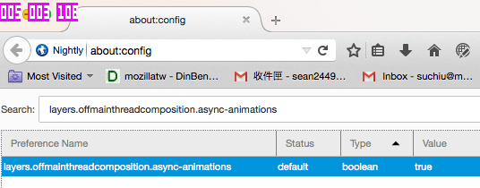 Die Eingabe des Suchbegriffs filtert die Optionen. Nur die layers.offmainthreadcomposition.async-animations-Einstellung wird angezeigt und ist auf true gesetzt. Die drei Zahlen in der oberen linken Ecke des Browsers, oberhalb der Benutzeroberfläche, haben sich auf 005, 003 und 108 erhöht.