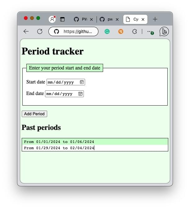 Hellgrüne Webseite mit einem großen Header, einem Formular mit einer Legende, zwei Datumsauswahlen und einem Button. Unten sind gefälschte Daten für zwei Menstruationszyklen und ein Header zu sehen.