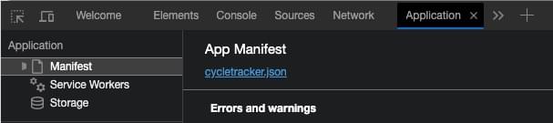 In den Entwicklerwerkzeugen enthält das linke Panel Links zum Manifest. Die rechte Seite zeigt App-Manifest, mit dem Dateinamen als Link zur JSON-Datei.