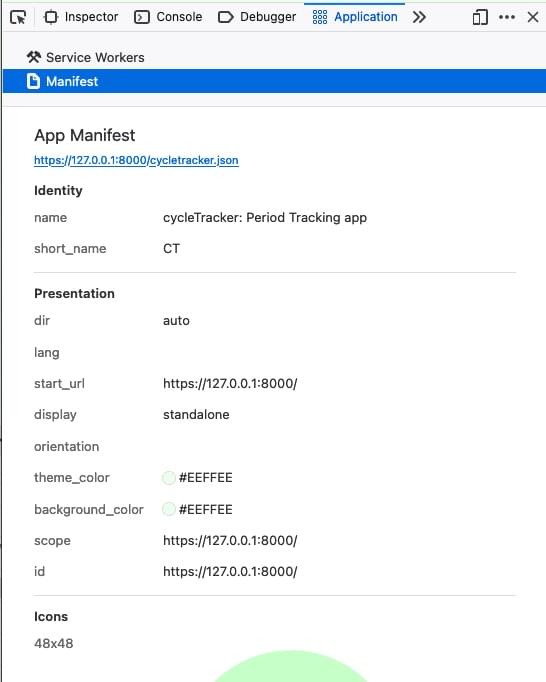 Das Manifest-Panel in den Entwicklerwerkzeugen von Firefox, zeigt Werte für nicht enthaltene dir-, scope- und id-Mitglieder sowie die lang- und orientation-Mitglieder ohne zugehörige Werte.