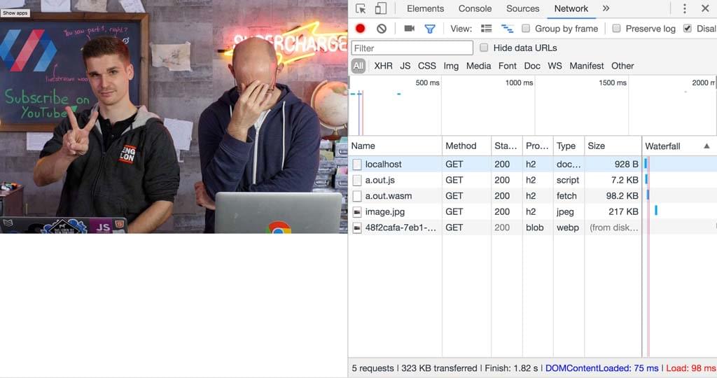 DevTools Netwerk-Panel und das generierte Bild.