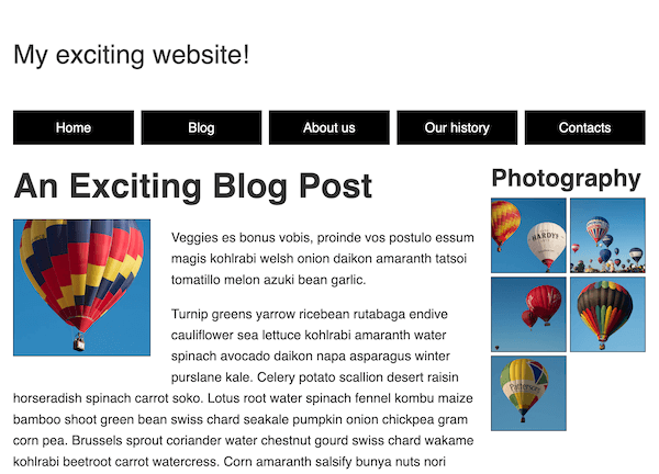 Finished rwd task website middle layout. A logo at the top, followed by a horizontal nav menu, followed by two columns, text content on the left and a photo gallery on the right.