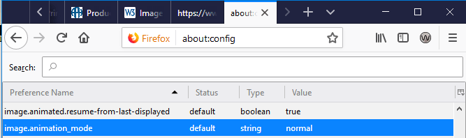 Capture d'écran de l'option image.animation.mode sélectionnée dans Firefox
