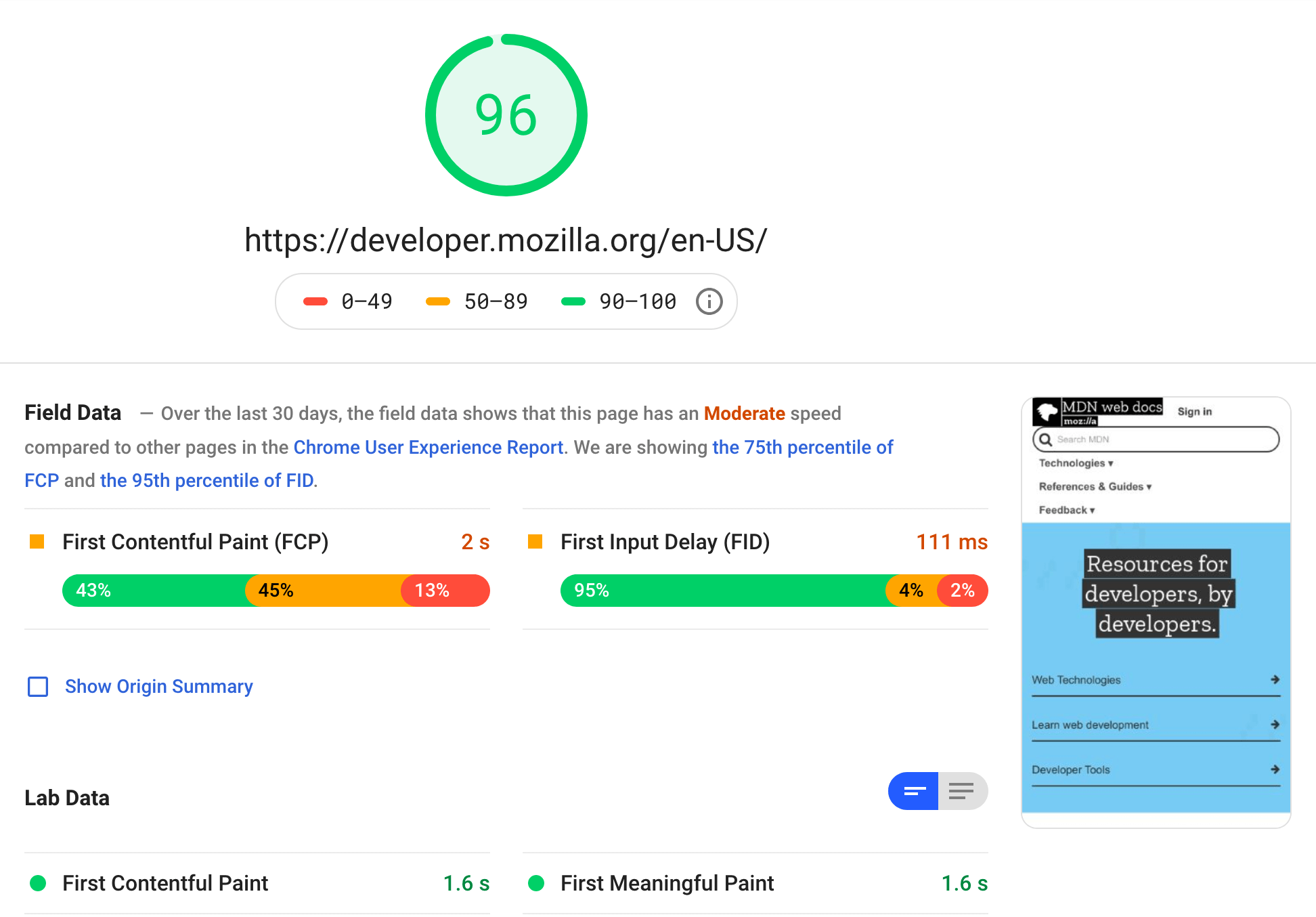 Mozilla ホームページの PageSpeed Insights レポートのスクリーンショットです。 
