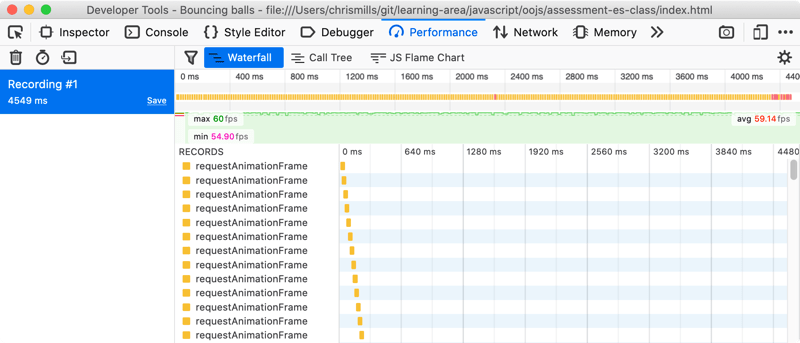記録 1 のウォーターフォールを表示している、開発者ツールパフォーマンスパネル